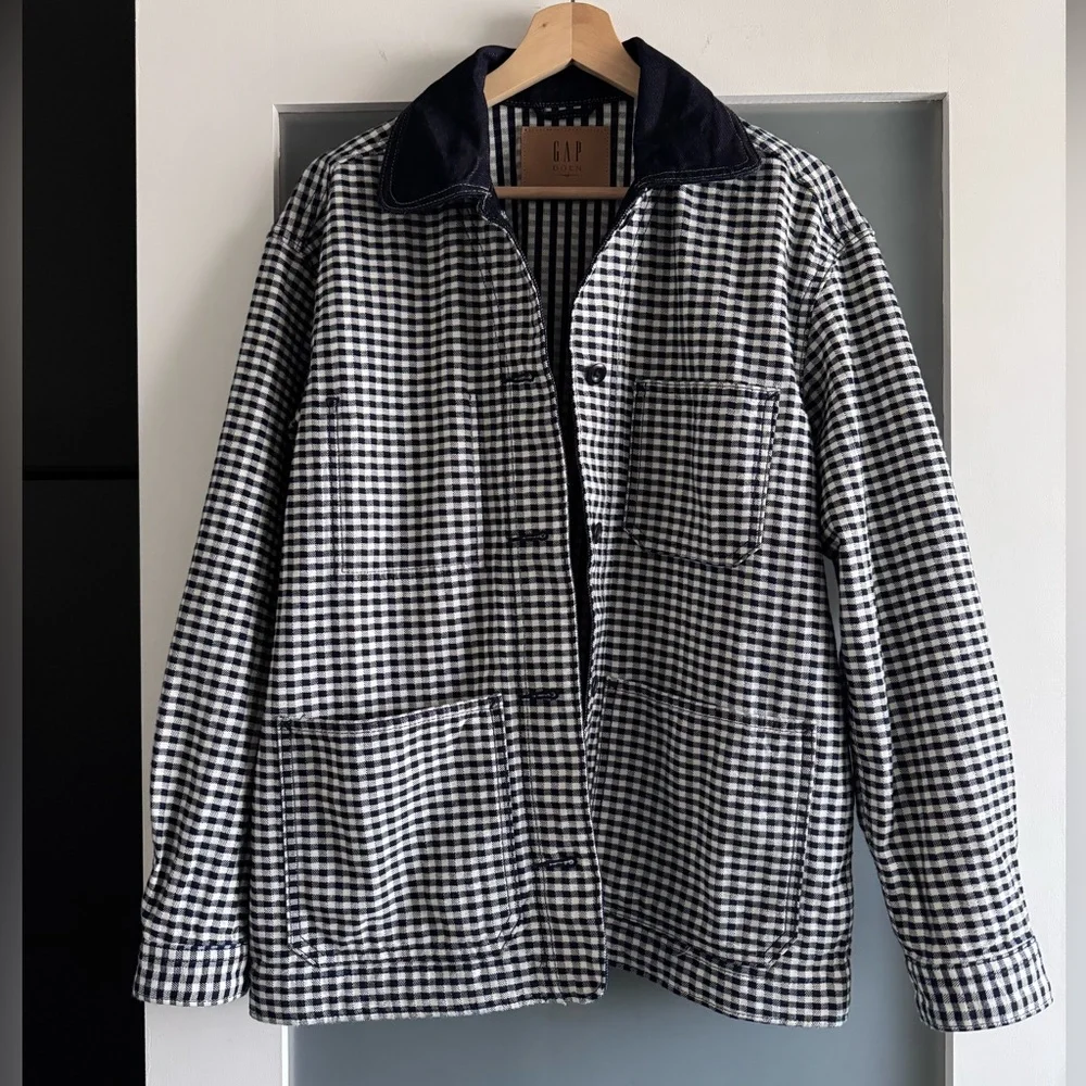GAP x Doen Gingham Denim Jacket Pascual Blue White Black Size Small S - Picture 6 of 15